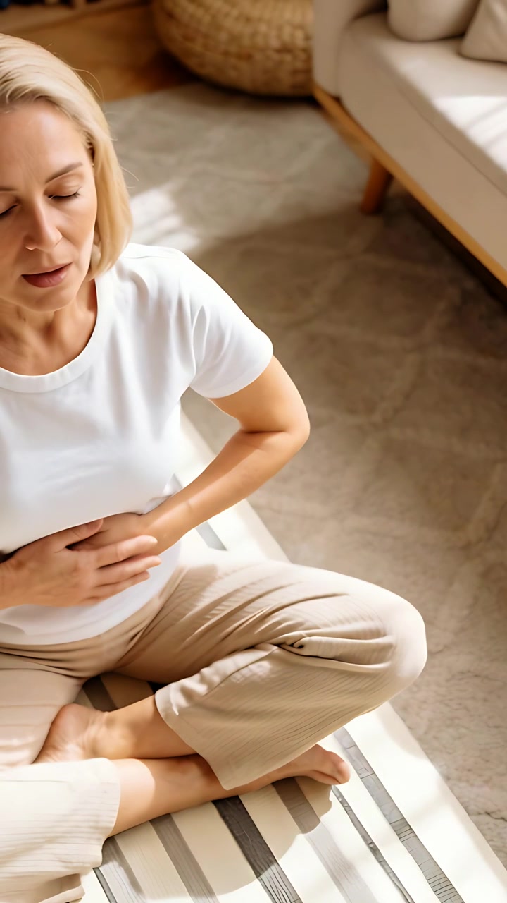 Vertical video: Breathing woman in white tee beige pants on mat at home pressing belly to calm