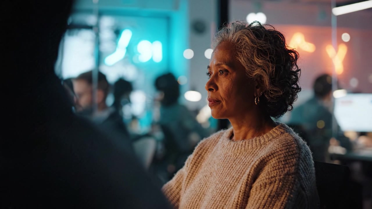 Focused Reflection: A Close-Up of a Thoughtful Older Woman in a Modern Workspace, Capturing the Essence of Concentration and Engagement in a Dynamic Environment