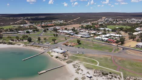 drone aerial over a lagoon in kalbarri town centre on a sunny day