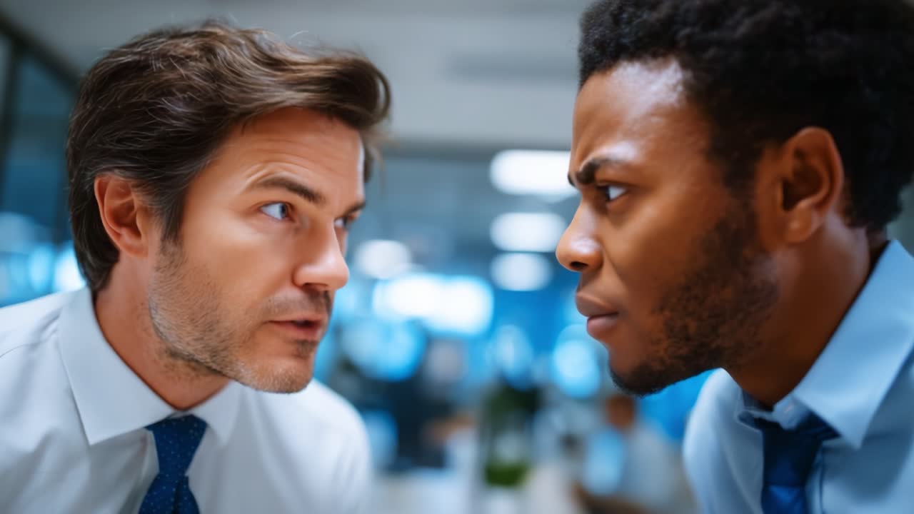 Intensa conversazione tra due colleghi in un ambiente ufficio moderno, che cattura l'emozione e la tensione della loro interazione in un ambiente professionale