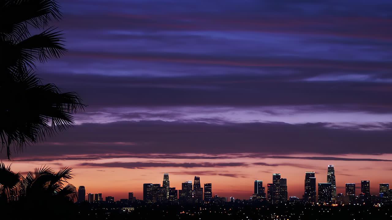 Vibrant City Skyline at Twilight with Palm Trees