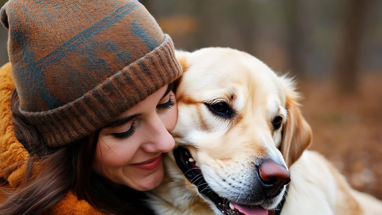 Young woman wearing warm orange jacket and beanie, gently cuddling golden labrador while standing amid autumn forest landscape, sharing tender moment of companionship and connection