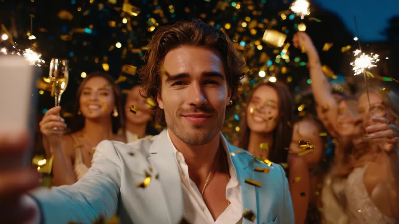 A Celebration of Joy: A Group of Friends Enjoying Life's Special Moments, Shimmering Confetti, Bright Sparklers, and Sweet Memories Capture the Essence of Togetherness in a Lively Social Scene