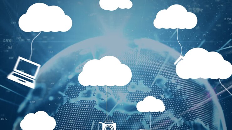 Animation of clouds with diverse technology devices over rotating globe