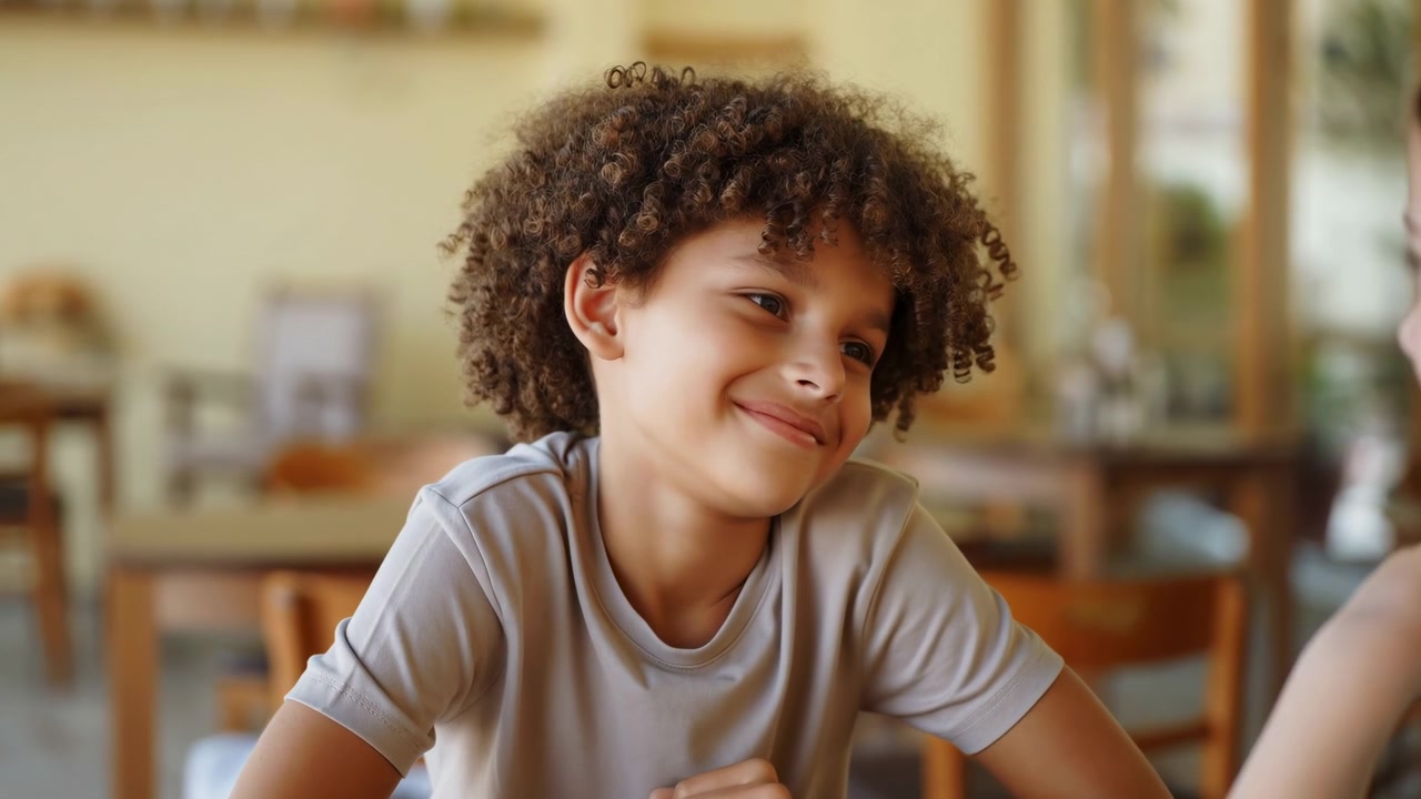 Niño sonriente en una mesa de madera, compartiendo una cálida conversación con un amigo en una cafetería acogedora, con la luz del sol filtrándose.