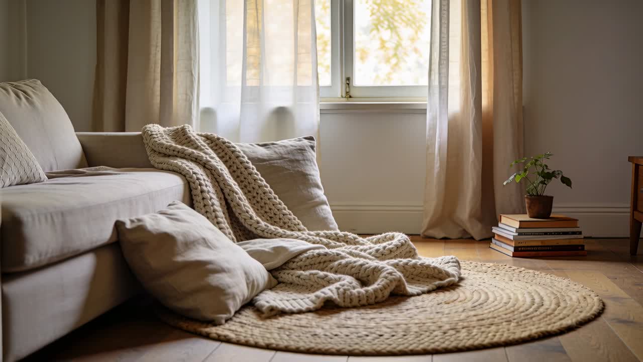 La telecamera si allontana rivelando un divano beige a casa, mostrando un piccolo angolo lettura con una coperta a maglia e libri.