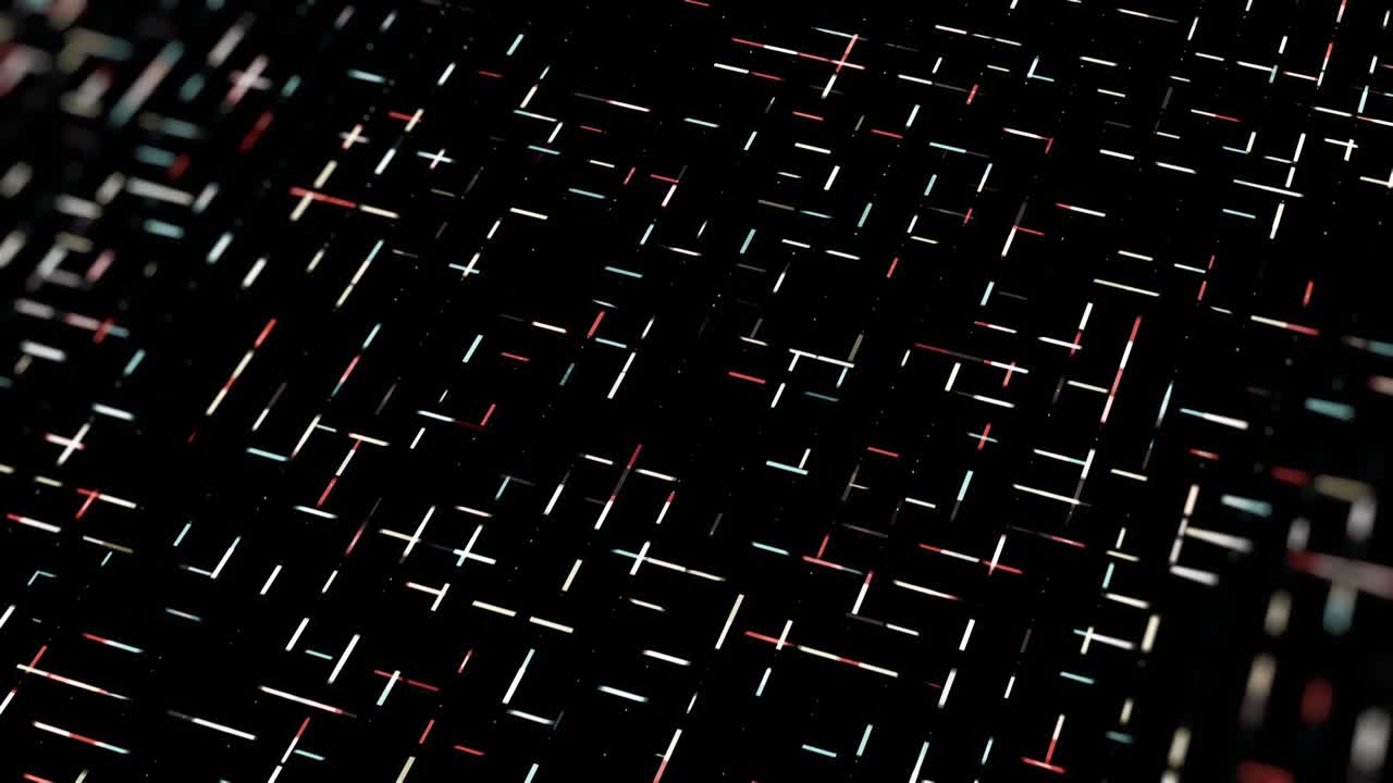 Geometric pattern with short dashes moving fast one by one perpendicular to each other. Animation. Narrow colorful lines crossing and flowing on black background, seamless loop.