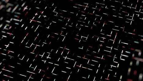 geometric pattern with short dashes moving fast one by one perpendicular to each other. animation. narrow colorful lines crossing and flowing on black background, seamless loop.