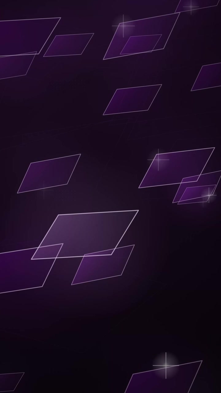 Translucent purple geometric panels drift vertically through dark space with subtle sparkling light effects.