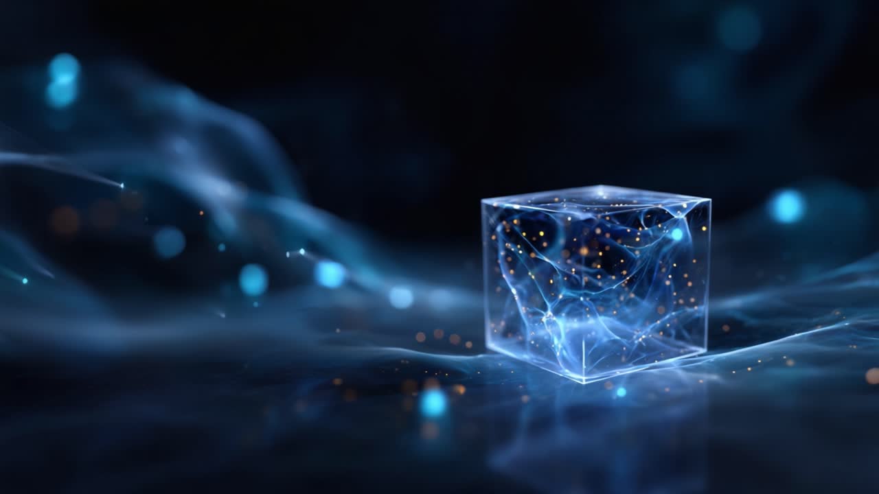 A captivating visual of a transparent cube suspended in a swirling, ethereal background, filled with dynamic energy and luminous particles, symbolizing innovation and depth