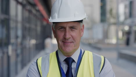 portrait successful senior construction engineer man smiling enjoying professional career success wearing hard hat safety helmet slow motion reflective clothing