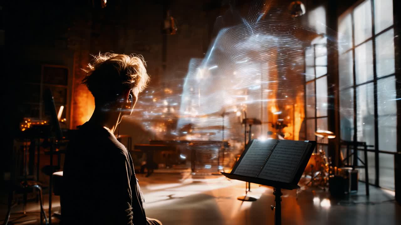 A solitary figure contemplates in a creatively lit studio, surrounded by ethereal digital projections that blend the boundaries between reality and imagination in a moment of artistic inspiration