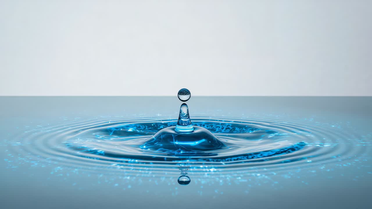 Impacting single water droplet creating central spike and hole, sending rings across studio pool