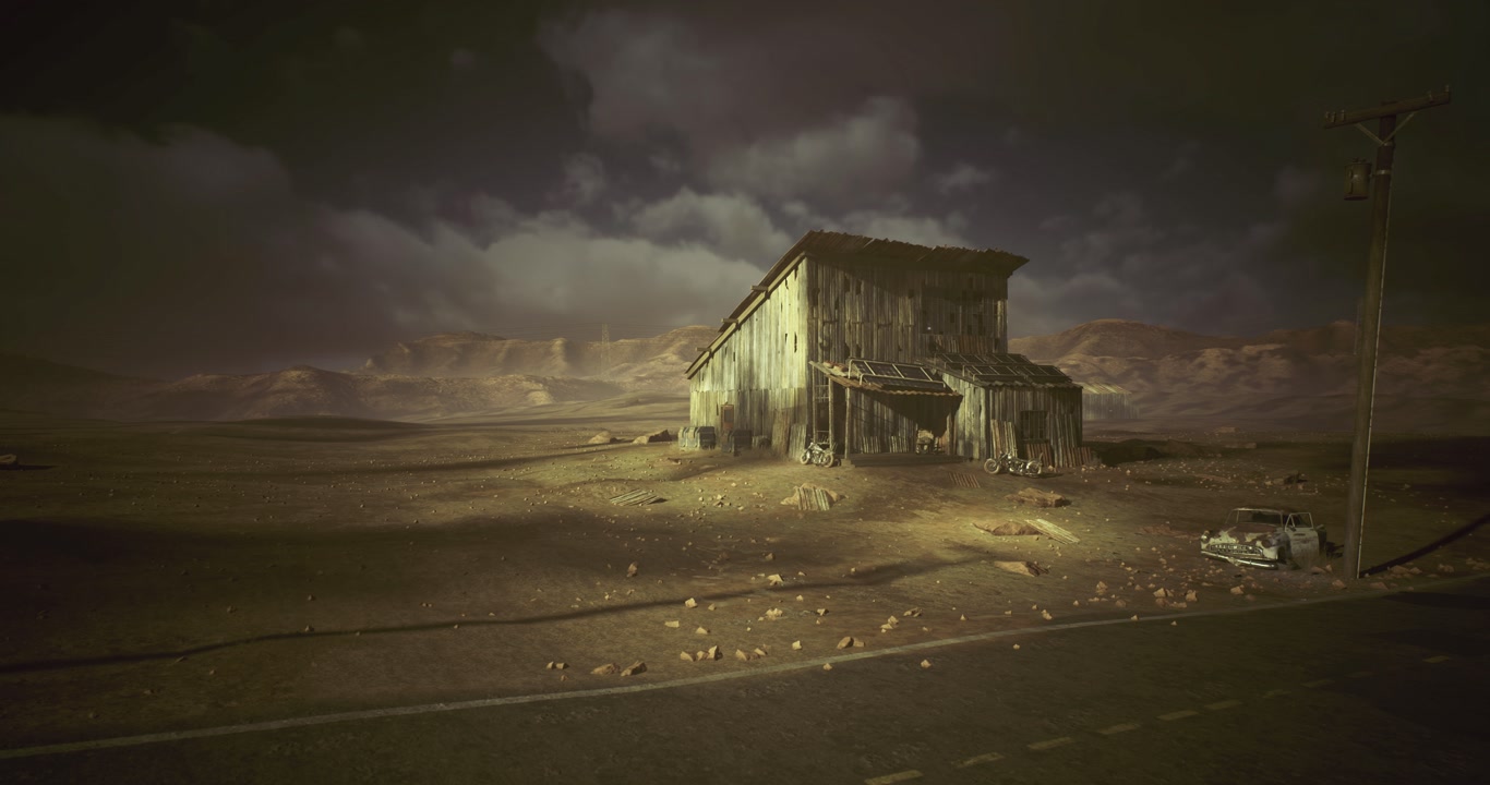 Wrecked shelter at dusk with nearby rummaging scavenger and scattered tools