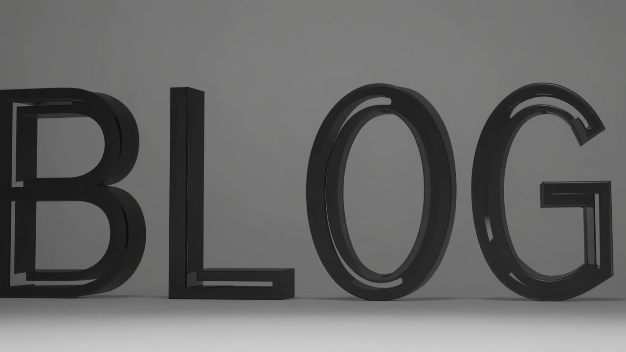 Minimalist 3D text spelling 'BLOG' in grayscale. The side angle captures depth and shadow