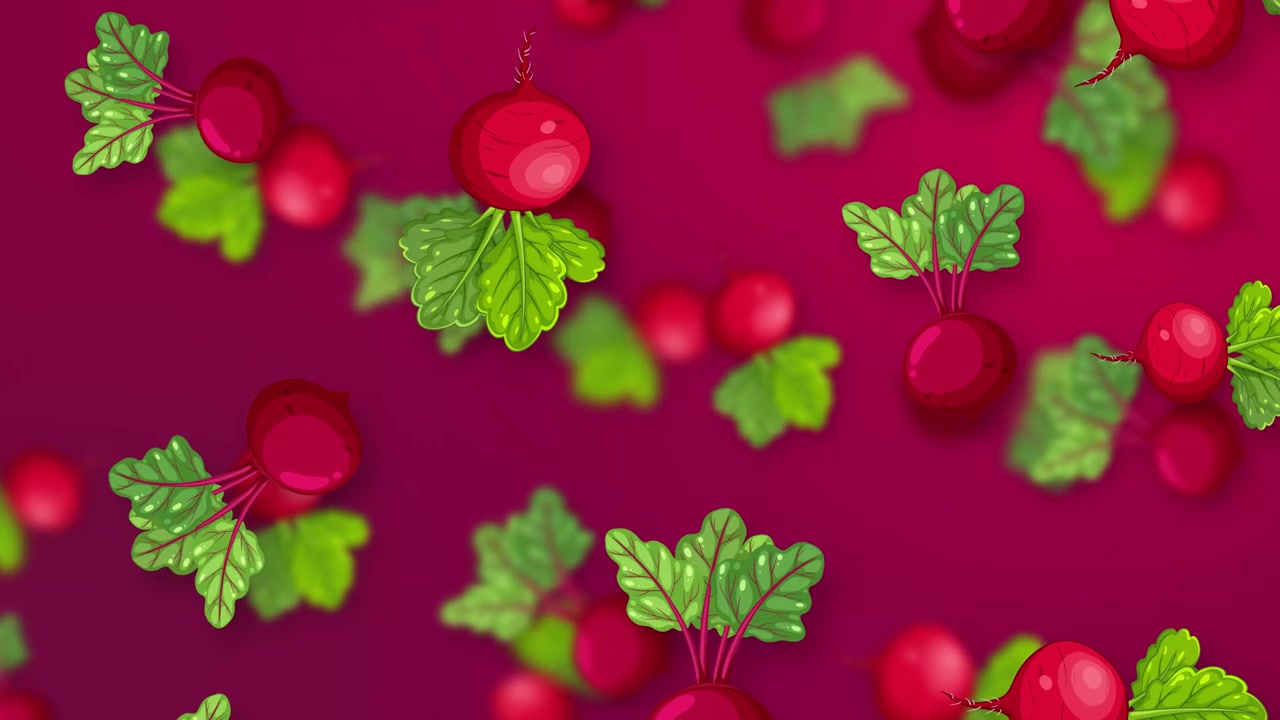 Stylized beetroots with green leaves fall vertically against a vibrant magenta backdrop with depth blur.