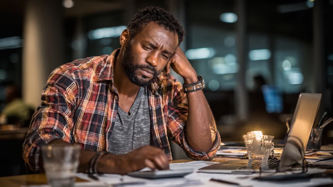 A contemplative individual grappling with challenging tasks on a digital device, showcasing deep focus amidst a busy workspace filled with papers and dim lighting