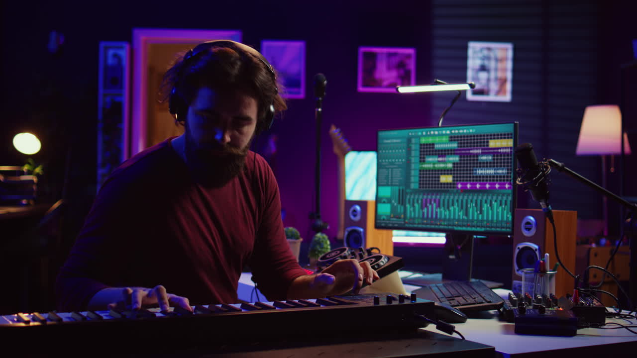 productor de música grabando notas de teclado de piano y editando en una consola de mezcla