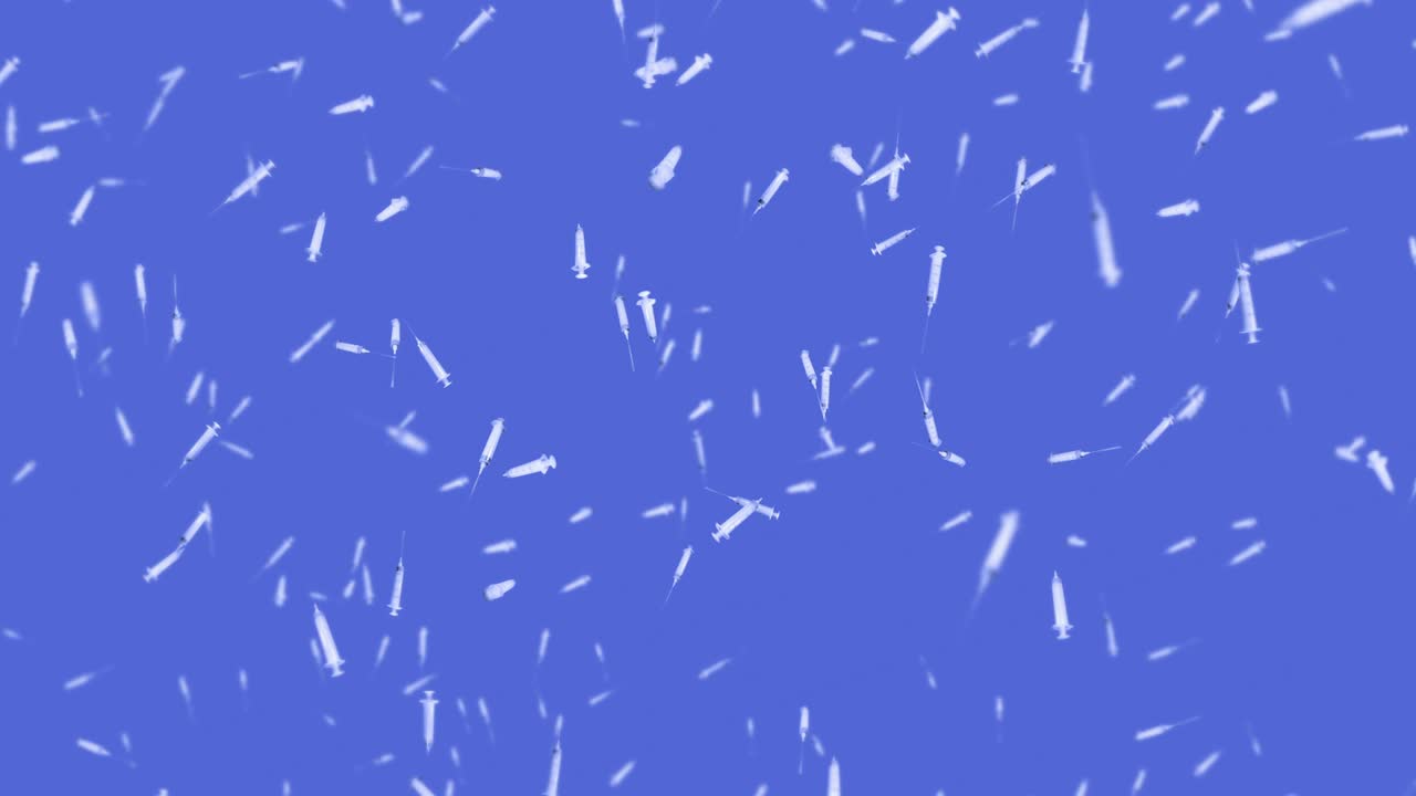 파란색 배경에 주사 할 수 있는 많은 주사기를 날리는 의료 개념 바이러스에 대한 백신 의료 치료 3d 루프 애니메이션