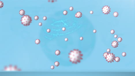 animation of covid 19 cells over globe on blue background