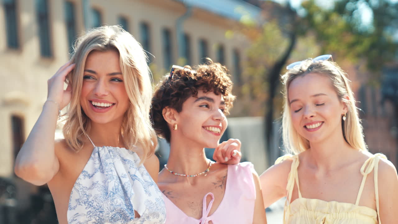 tres mujeres felices en una calle de la ciudad