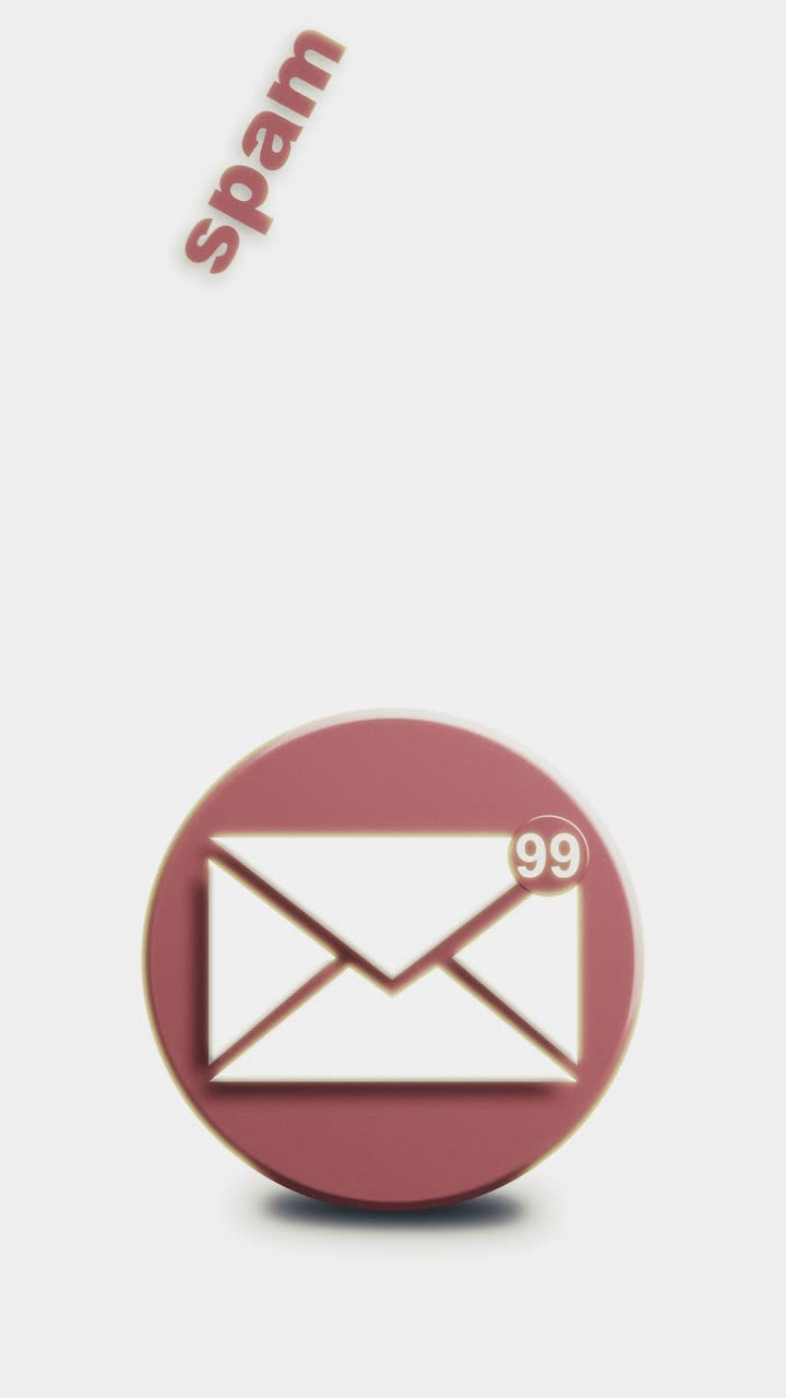 A looping 3D icon of a mail envelope with an animated red notification badge. This motion graphic represents incoming emails, alerts, and unread messages, including spam and junk mail