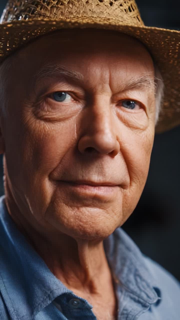 Intimate Portrait of an Elderly Man in a Straw Hat, Capturing the Depth of Experience and Wisdom Reflected in His Blue Eyes with Soft Natural Lighting Enhancing His Features and Character