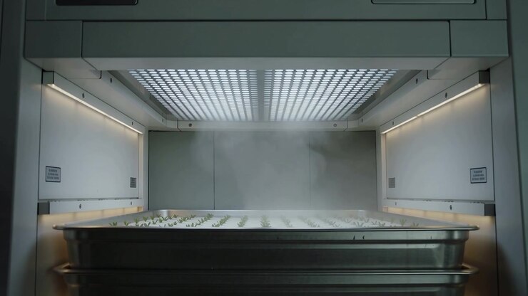 Emitting mist shallow tray humidifying seedlings in enclosed cabinet under LED grid for germination