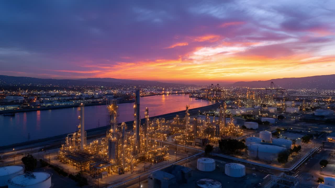 Espectacular atardecer sobre un complejo industrial con reflejos en el agua y estructuras iluminadas, capturado en dos fotogramas que ilustran la transición del crepúsculo.