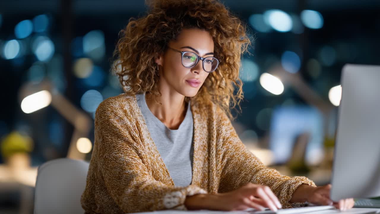Focused Young Woman Working Late Night on Laptop, Illuminated by Ambient Lighting, Showcasing a Blend of Determination and Creativity in a Cozy Workspace