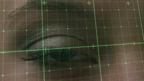 animation of data processing over eye of caucasian woman