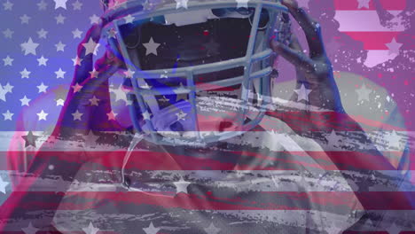 animation of african american american football player and flag of usa