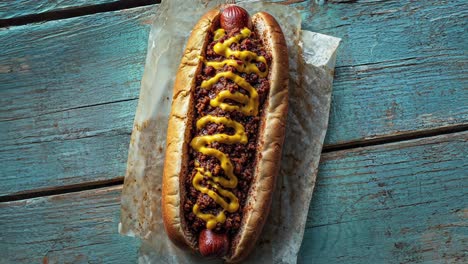 close up of a chili dog with mustard