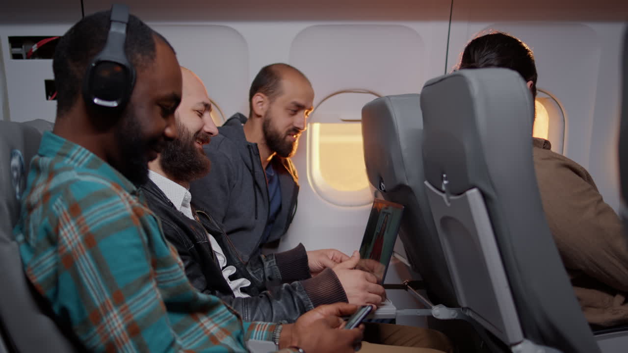 Diverse group of passengers flying with commercial airline