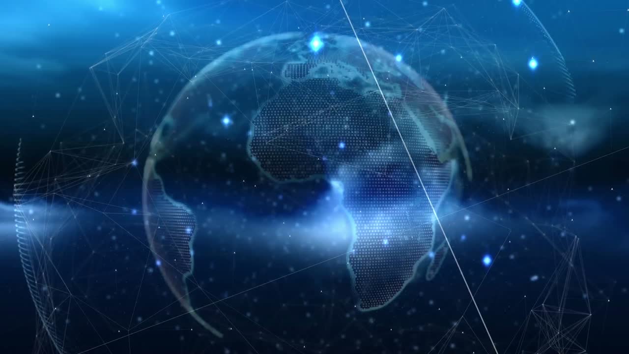 연결 네트워크와 파란색 배경의 지구의 애니메이션