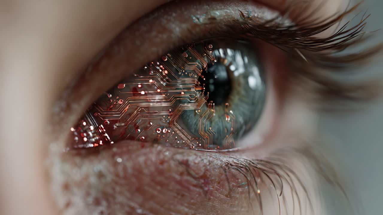 Uma Exploração em Close-Up de um Design de Olho Único Apresentando Padrões de Circuitos Intrincados, Mesclando Elementos Orgânicos e Tecnológicos em uma Estética Futurista