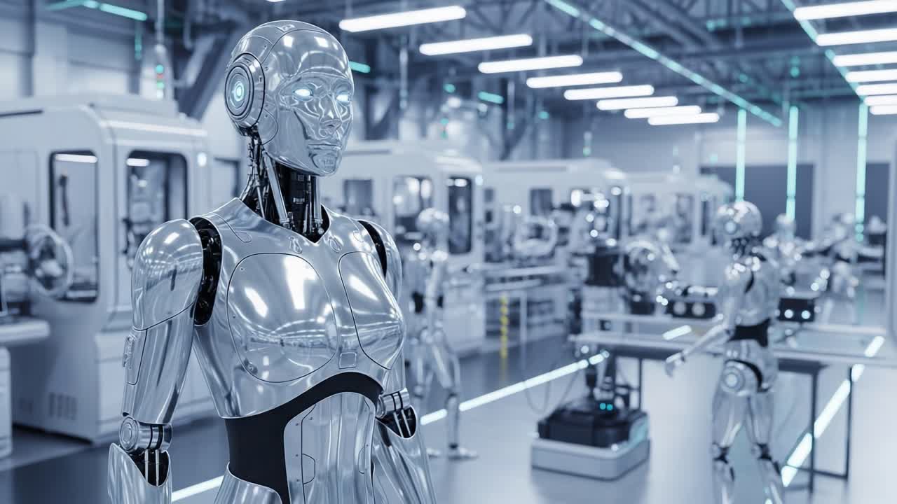 Futuristic Robotics Factory Showcasing Advanced Cyborgs and Automated Machinery in a High-Tech Environment with Sleek Designs and Innovative Features