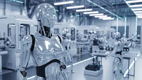 futuristic robotics factory showcasing advanced cyborgs and automated machinery in a high-tech environment with sleek designs and innovative features