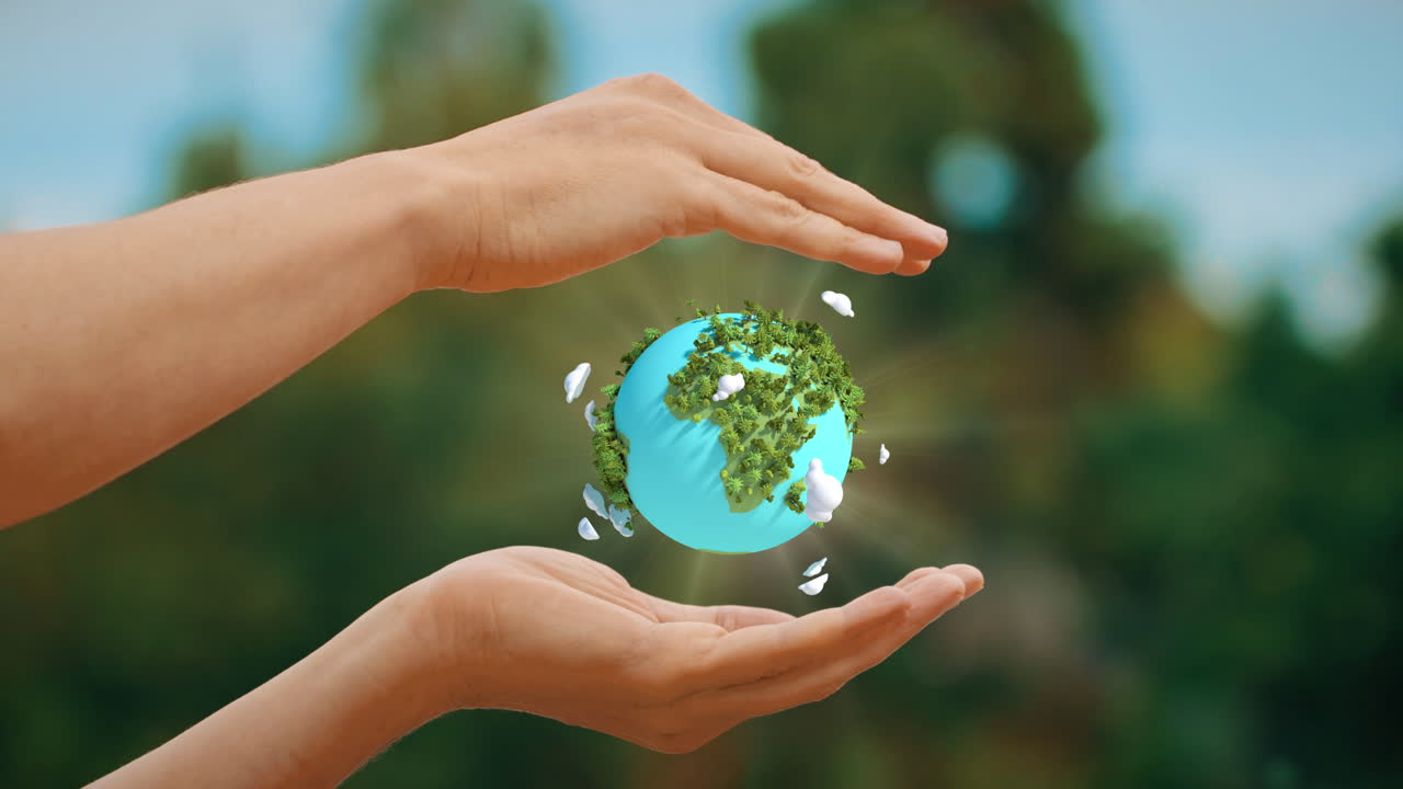 Human Hands Protecting a Floating Green Earth Globe