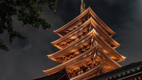 five-story pagoda at in senso-ji temple illuminated at night in asakusa, tokyo, japan