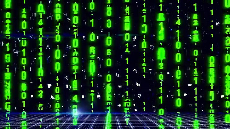 Digital matrisekode faller over en glødende rutenettbakgrunn