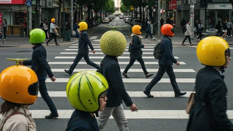 a surreal scene of people crossing the street wearing uniquely shaped fruit helmets, blending everyday city life with quirky fashion choices in a vibrant urban environment