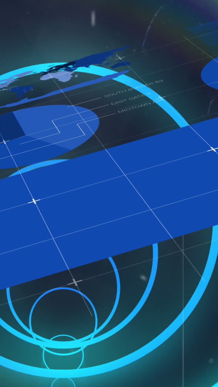 Animation of blue neon geometrical shapes over data processing