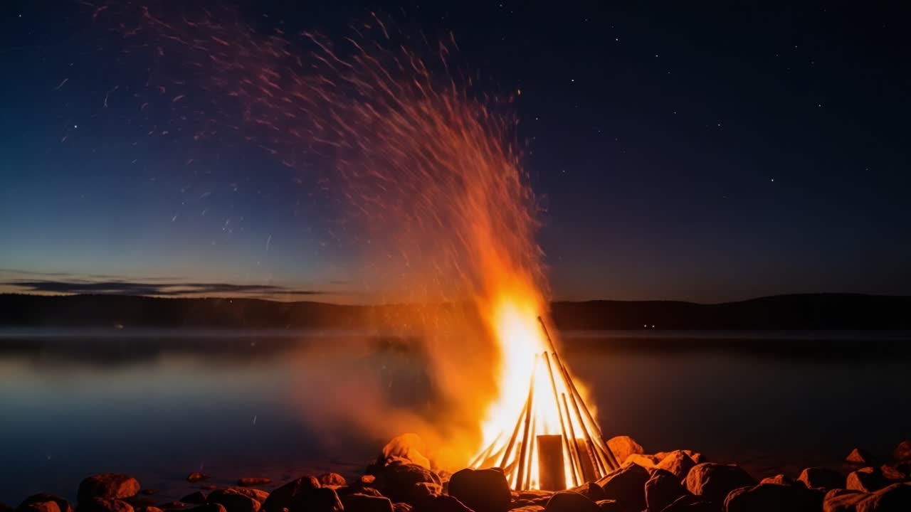 Majestic Nighttime Campfire Ignites the Sky with Sparks and Radiant Flames near Still Waters Under Starry Atmosphere