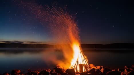 majestic nighttime campfire ignites the sky with sparks and radiant flames near still waters under starry atmosphere