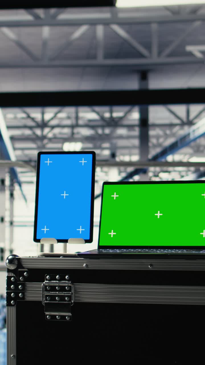 Vertical Video Isolated Screen Tablet And Laptop In Industrial Data Center
