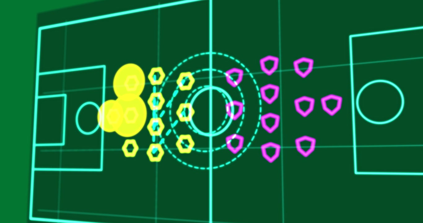Griglia HUD ciano che mostra esagoni gialli che attivano scudi magenta, anelli in movimento che pulsano indicando chiaramente il centro.