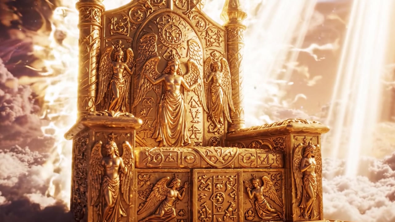 A Majestic Golden Throne Surrounded by Billowing Clouds and Illuminated by Divine Rays, Symbolizing Power and Serenity in a Celestial Realm