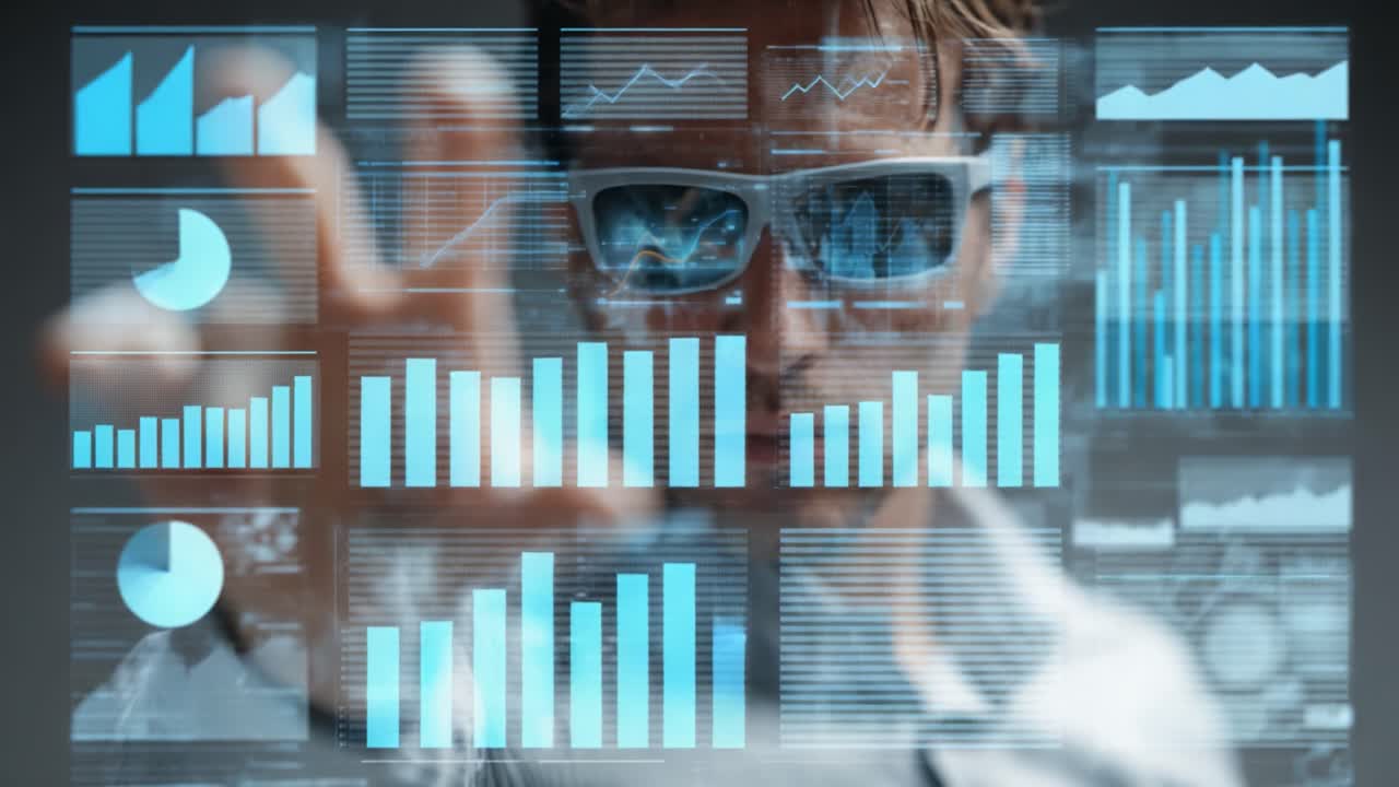 A Futuristic Data Analyst Interacting with Virtual Interfaces and Data Visualizations in a High-Tech Environment, Showcasing Innovation and Technology Advances