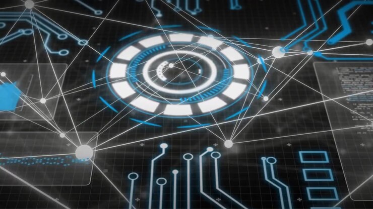 Central HUD powering up, emitting rotating rings and pulsing nodes, visualizing data flow